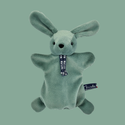 Doudou marionnette Lapin vert sauge - Fabriqué en Bretagne