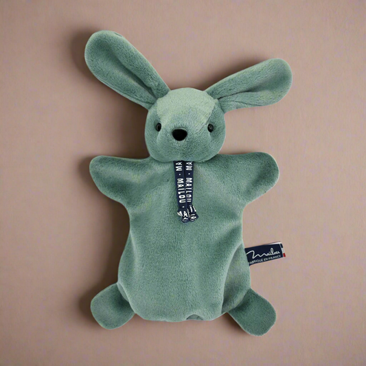 Doudou marionnette Lapin vert sauge - Fabriqué en Bretagne