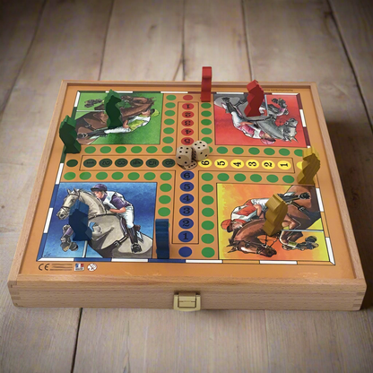 Jeu des petits chevaux traditionnel posé sur une table en bois