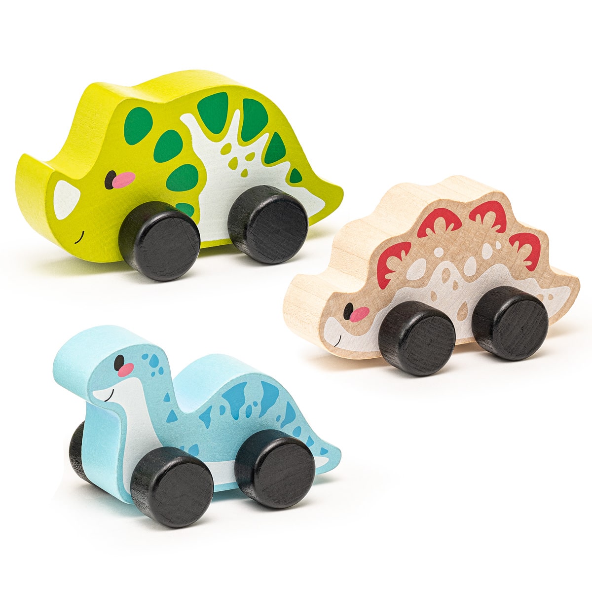 Funny wooden dinos on wheels